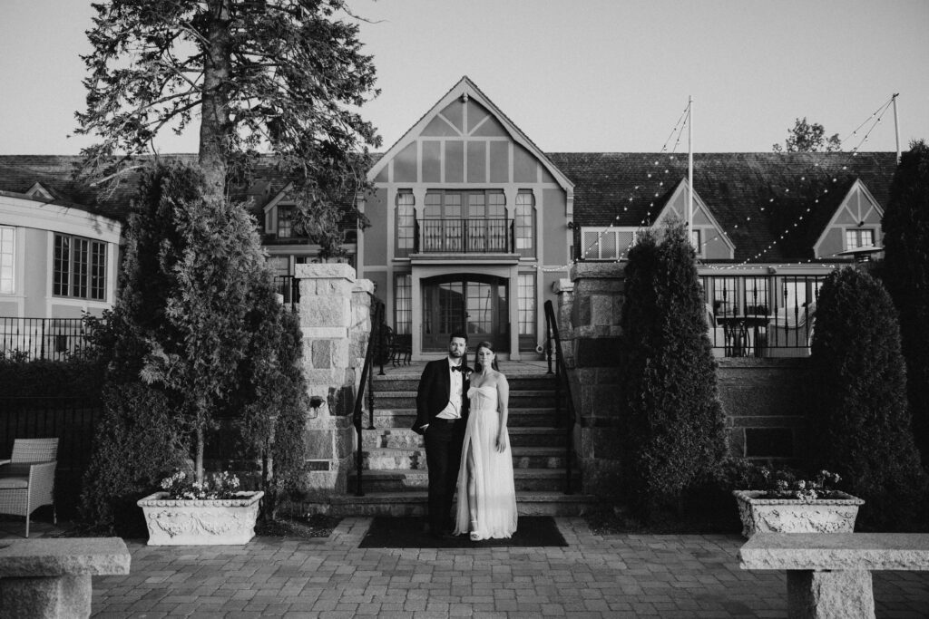 Bride and Groom at the Bar Harbor Club, at sunset, before entering into their reception